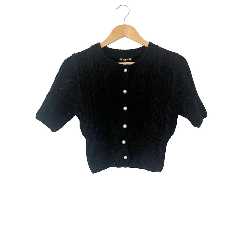 Fashion Nova Ready for‎ Tea Black Cable Knit Sweater Top Pearl Buttons Small NWT - Picture 3 of 5